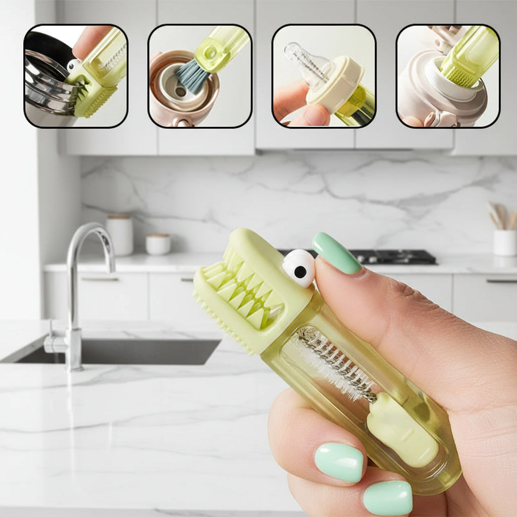 Hand holding a green cleaning tool with various components on a gray background