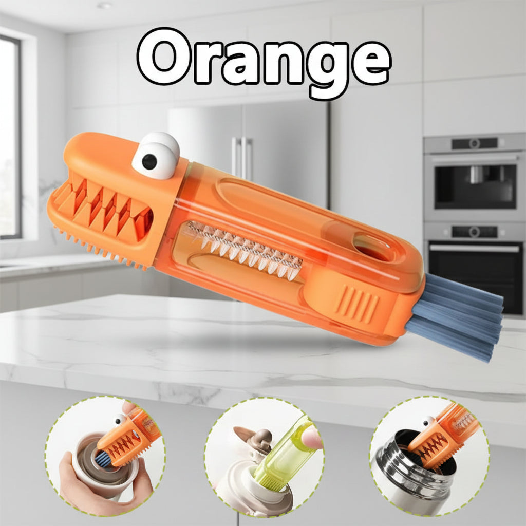Orange cleaning brush with a cartoon face on a white background