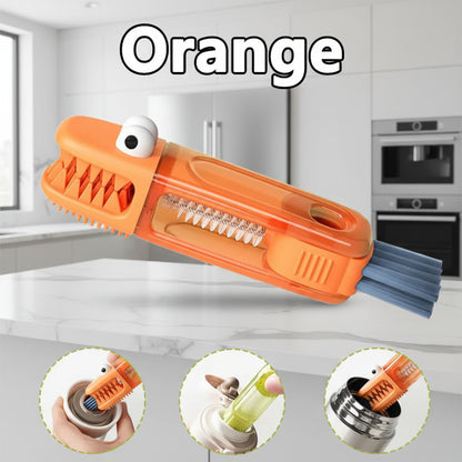 Orange cleaning brush with a cartoon face on a white background