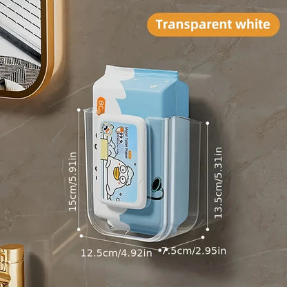 Transparent white wall-mounted organizer with dimensions displayed on a gray wall background